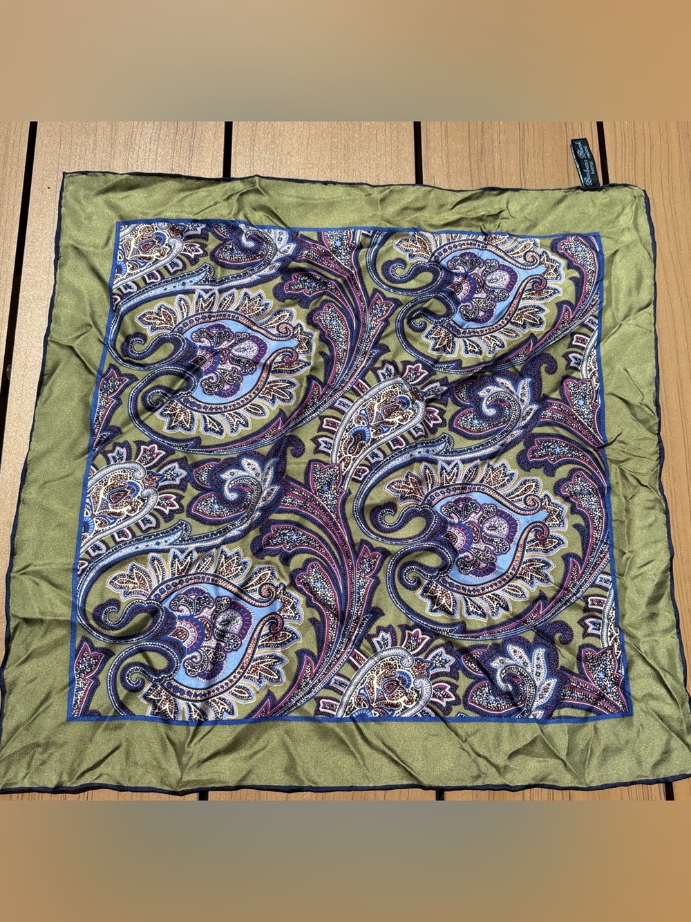 Banana Republic Olive Green Paisley Silk Scarf with Purple & Blue Accents